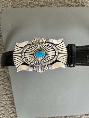 Justin Boots Black Leather Belt with Silver Concho and Turquoise Stone